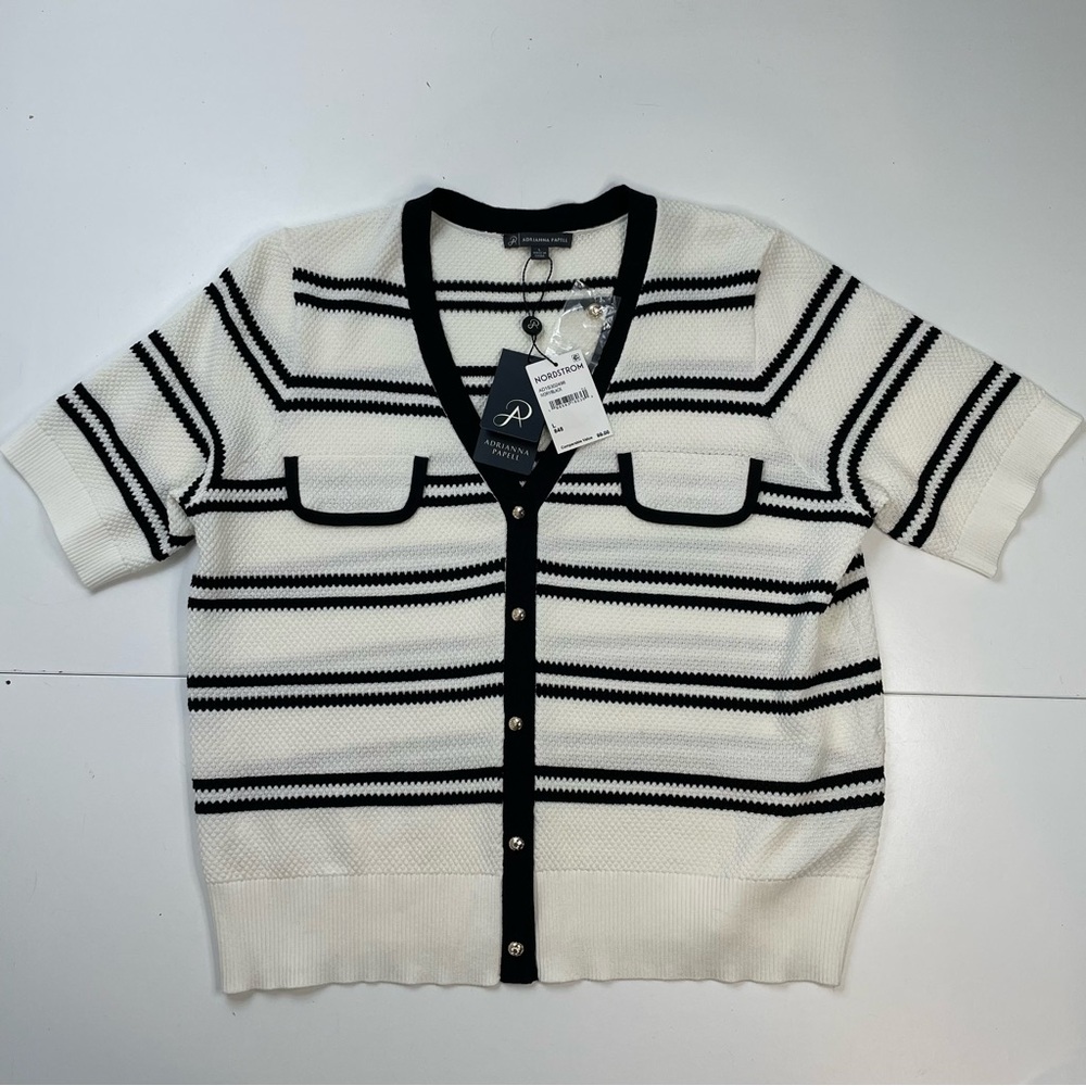 NEW Adrianna Papell Stripe Short Sleeve Cardigan Coastal Cowgirl sz L